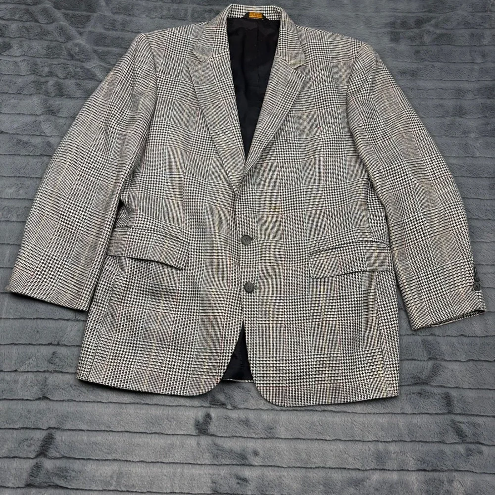 Oakton Ltd Mens Glen Plaid Blazer Grey Wool Silk Blend Sport Coat Made in USA